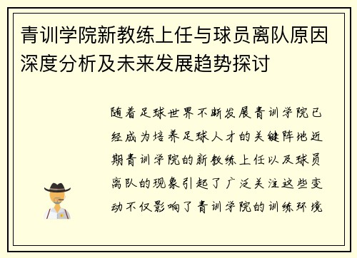 青训学院新教练上任与球员离队原因深度分析及未来发展趋势探讨