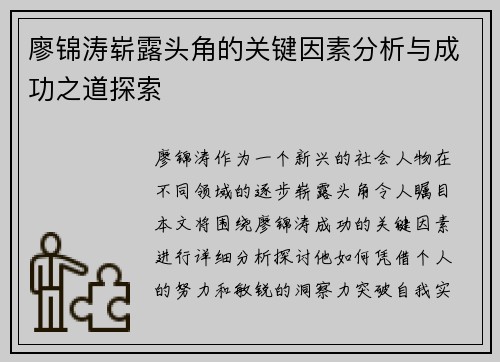 廖锦涛崭露头角的关键因素分析与成功之道探索