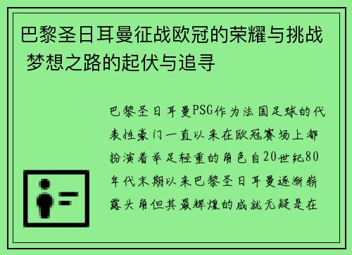 巴黎圣日耳曼征战欧冠的荣耀与挑战 梦想之路的起伏与追寻