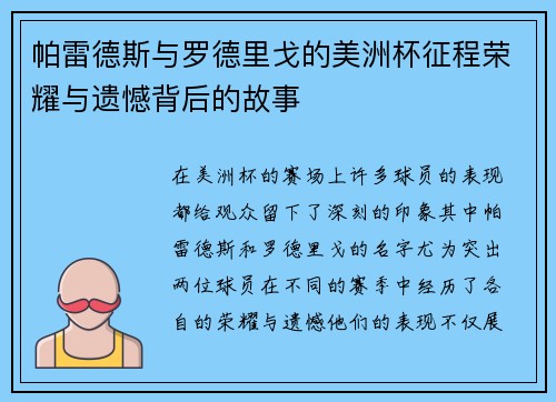 帕雷德斯与罗德里戈的美洲杯征程荣耀与遗憾背后的故事