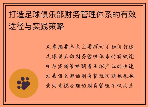 打造足球俱乐部财务管理体系的有效途径与实践策略