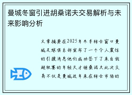 曼城冬窗引进胡桑诺夫交易解析与未来影响分析